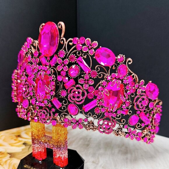 Vintage Handmade Crown, Fuchsia Crystal Crown, Victorian Tiara, Copper Crown main image 7